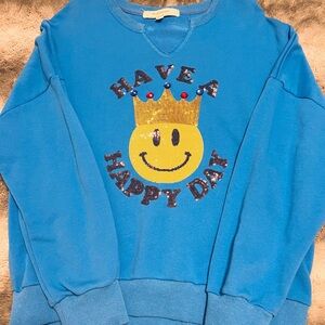 Blue Velvet Blue Smiley Sweatshirt with Gold Crown